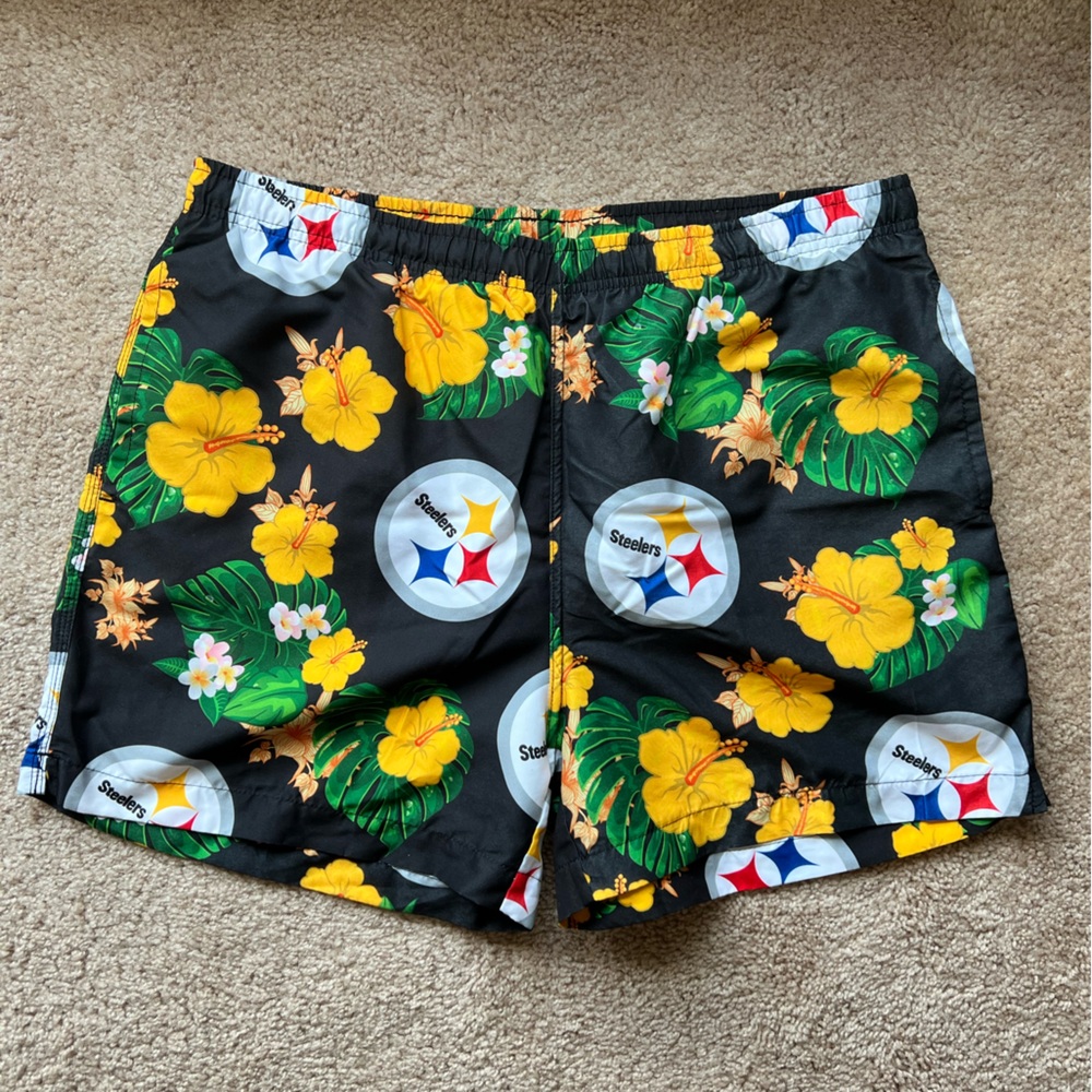 NFL Team Apparel Floral Swim Shorts - Black, Yellow, Green